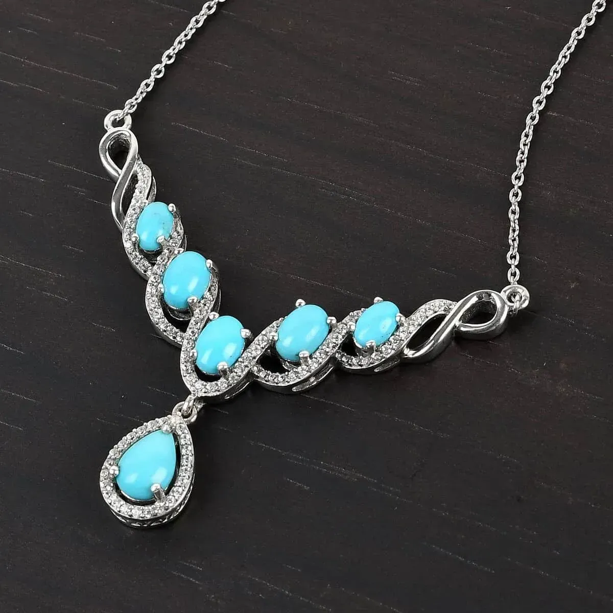 Premium Sleeping Beauty Turquoise Necklace, White Zircon Accents Necklace, 18 Inch Necklace, Platinum Over Sterling Silver Necklace 