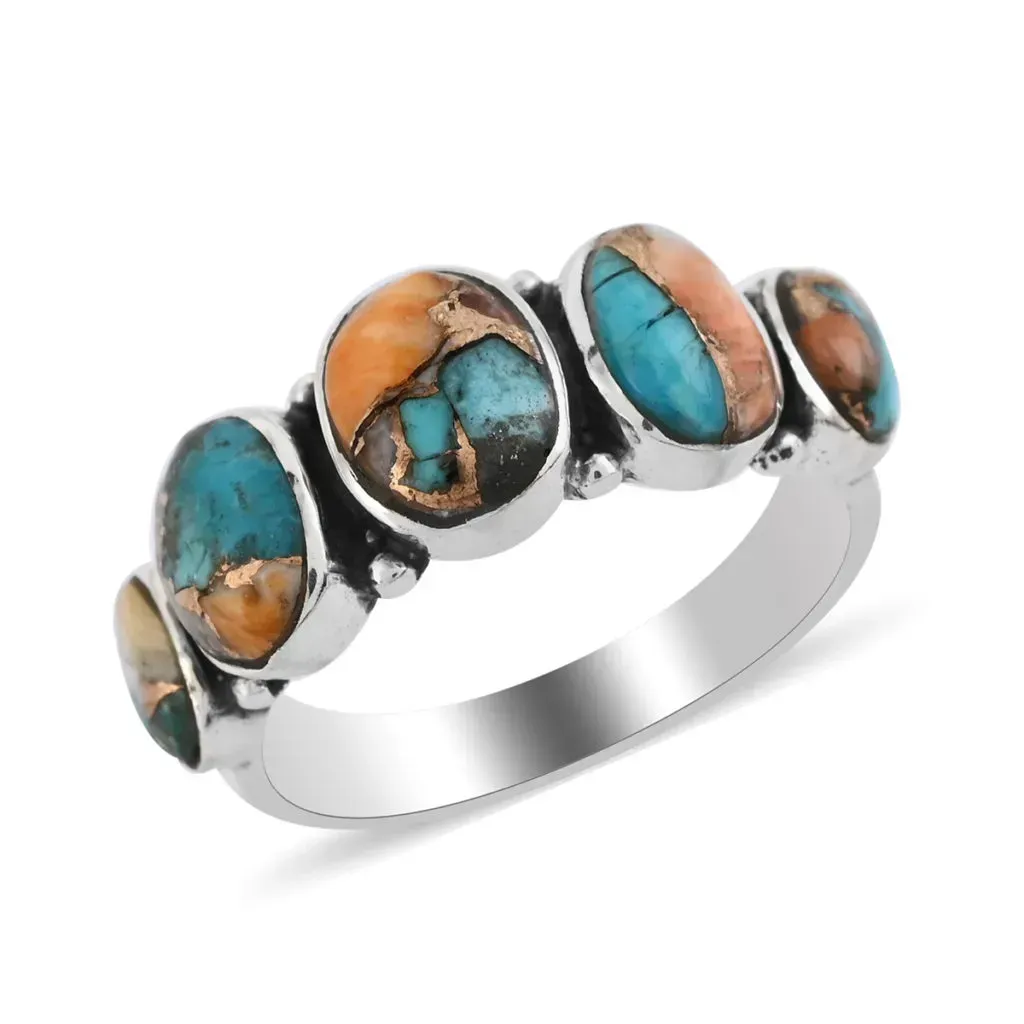 Five stone spiny turquoise ring in sterling silver. 