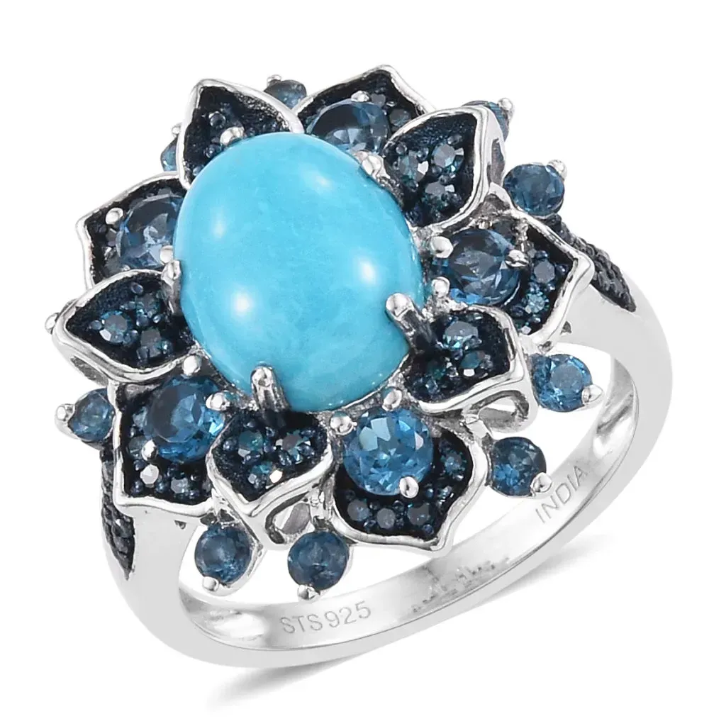 Blue floral ring in sterling silver. 