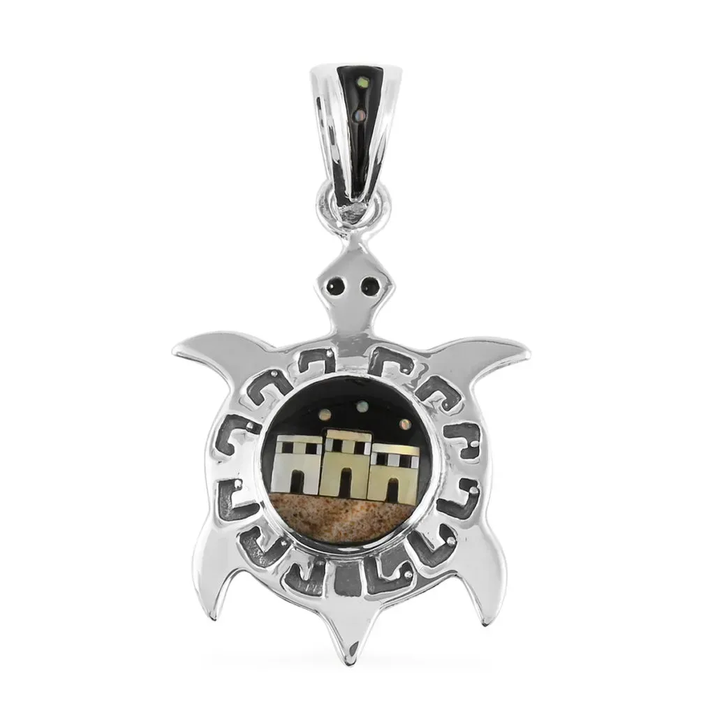 Multi gemstone turtle pendant in sterling silver. 