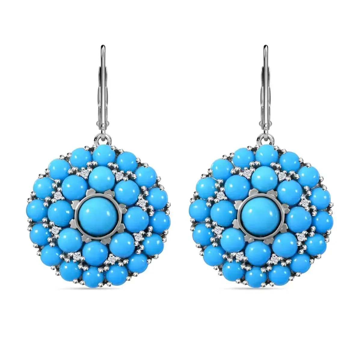 Premium Sleeping Beauty Turquoise and White Zircon Cocktail Earrings in Platinum Over Sterling Silver