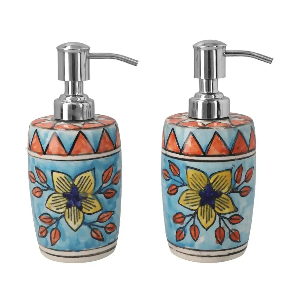 Set Of 2 Multi Color Hand Painted Floral Ceramic Soap Dispenser