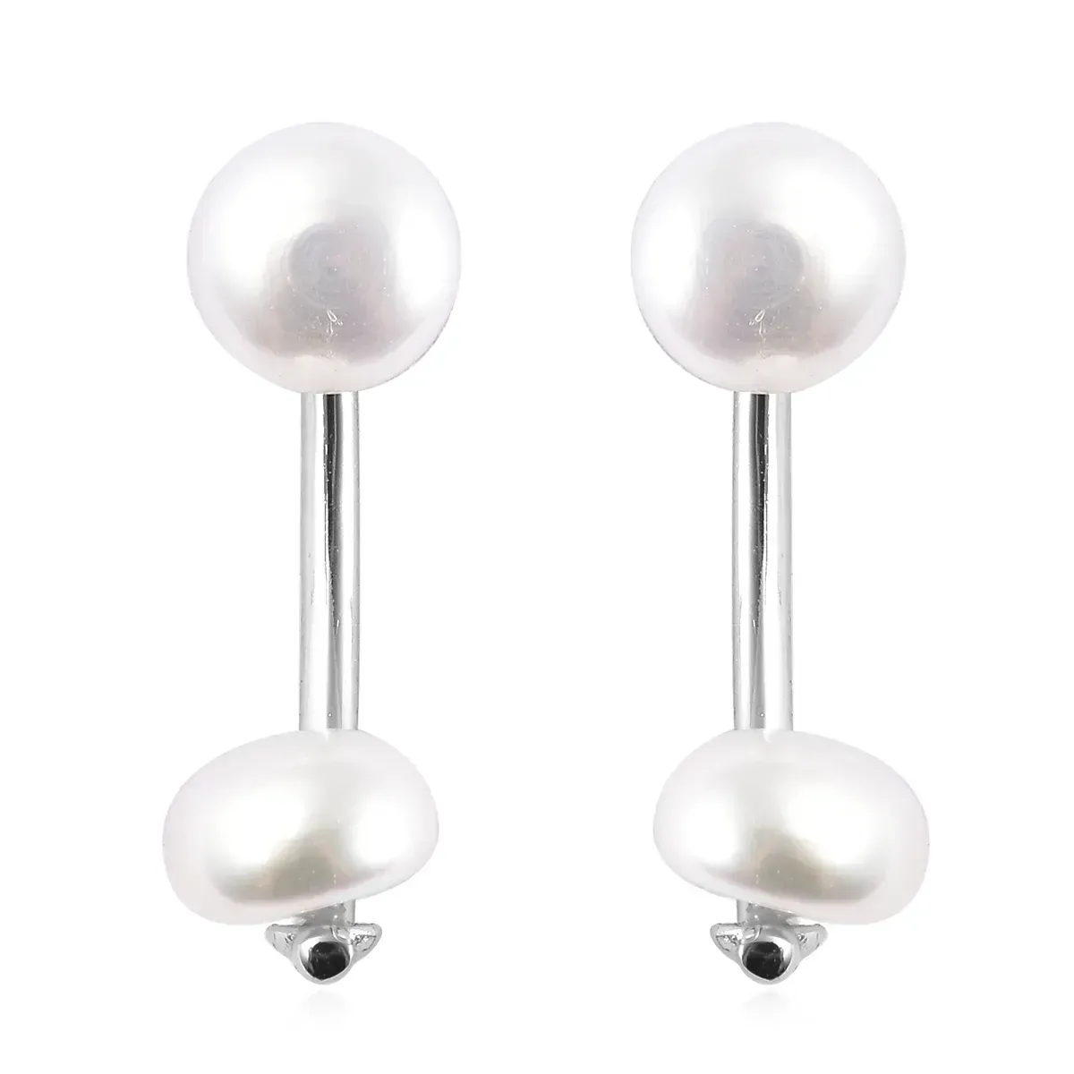 White Freshwater Cultured Pearl Dual Stud Earrings in Rhodium Over Sterling Silver