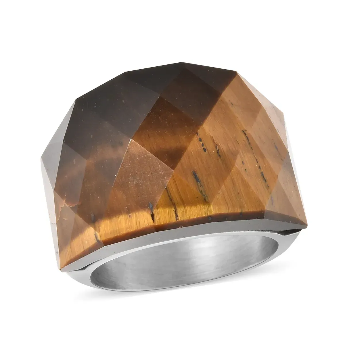 South African Yellow Tiger Eye Ring in Stainless Steel