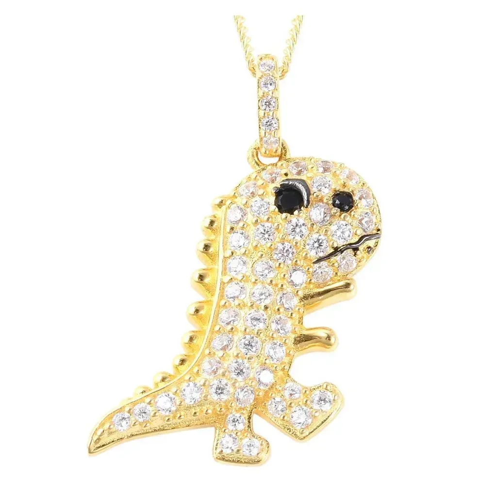 Simulated Black and White Diamond Dinosaur Pendant Necklace