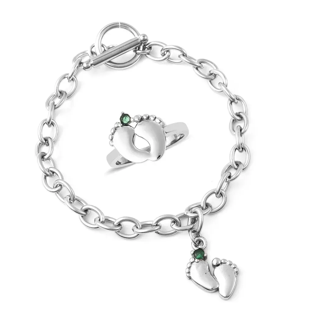 1.00 ctw Simulated Emerald Baby Foot Print Ring and Bracelet (7.50 In) in Stainless Steel