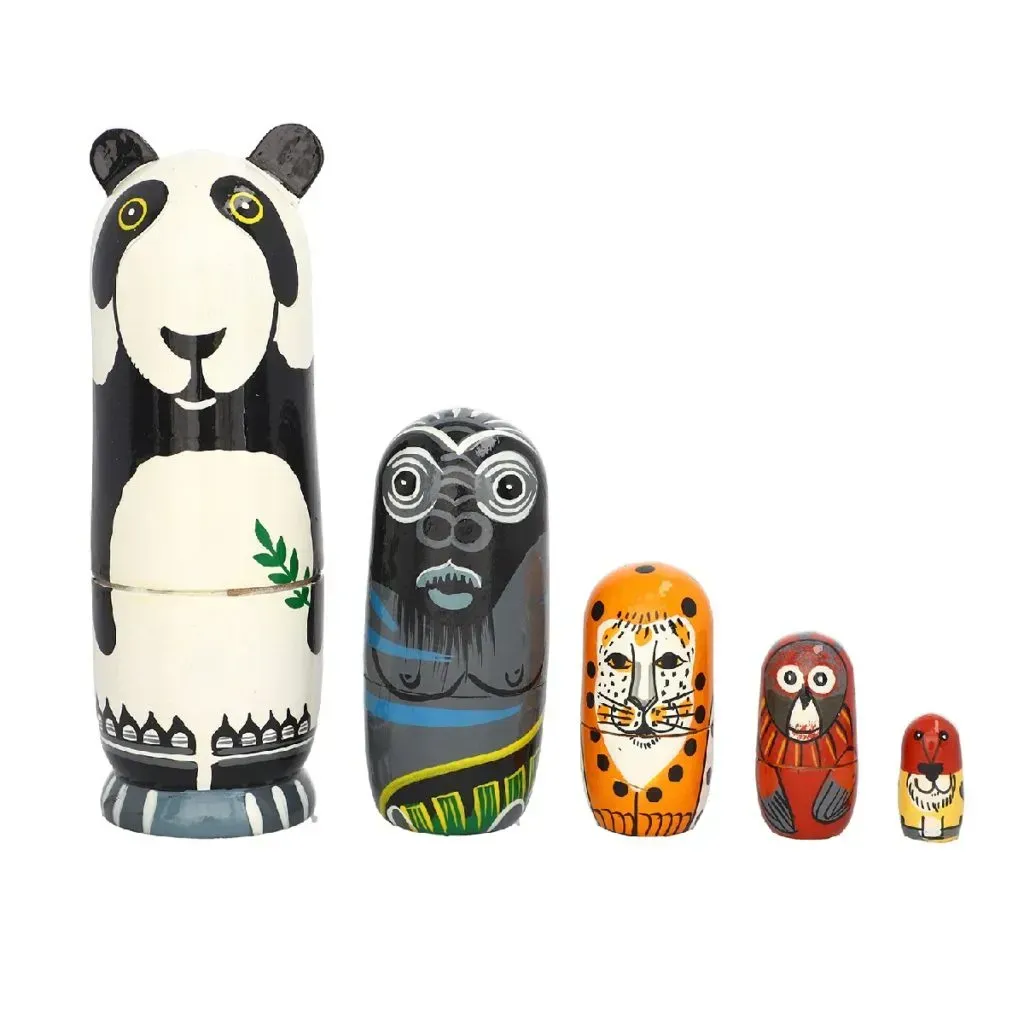 Set of 5 Hand Painted Wooden Panda Family Nesting and Stacking Dolls