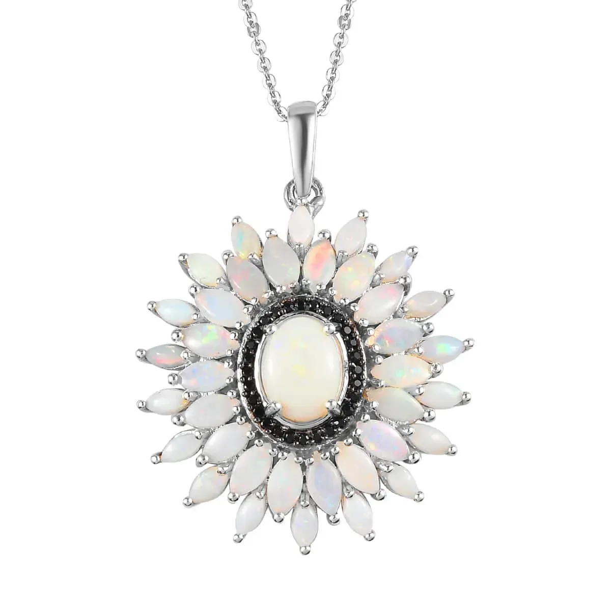 Australian Opal and Thai Black Spinel Floral Pendant Necklace 20 Inches in Platinum Over Sterling Silver