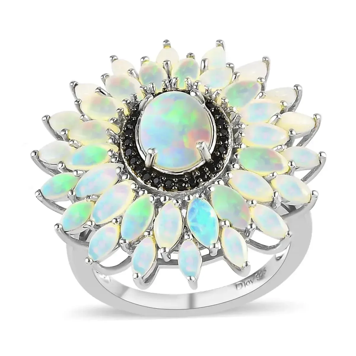Australian Opal and Thai Black Spinel Floral Ring in Platinum Over Sterling Silver 