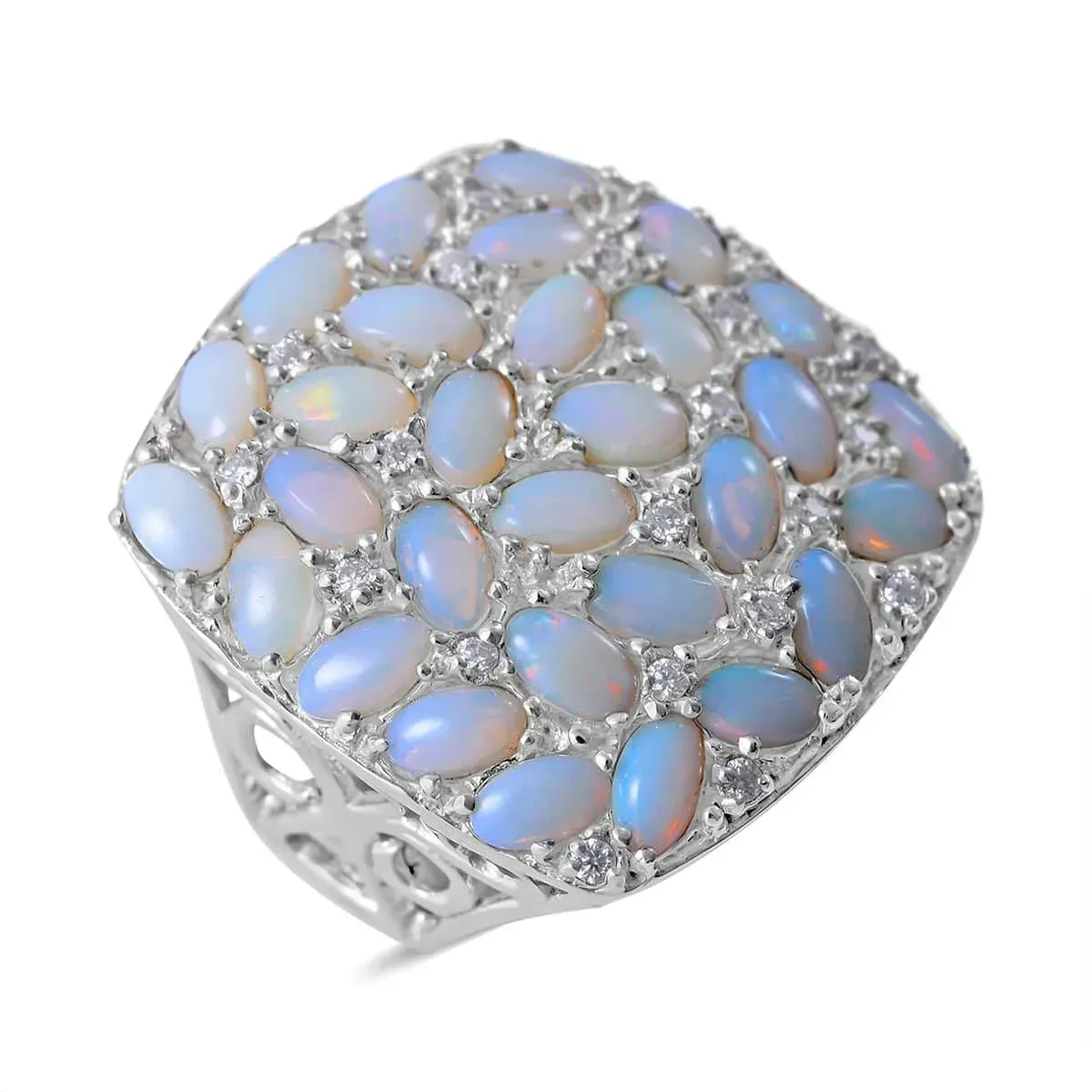 Australian Opal and Moissanite Ring in Platinum Over Sterling Silver 