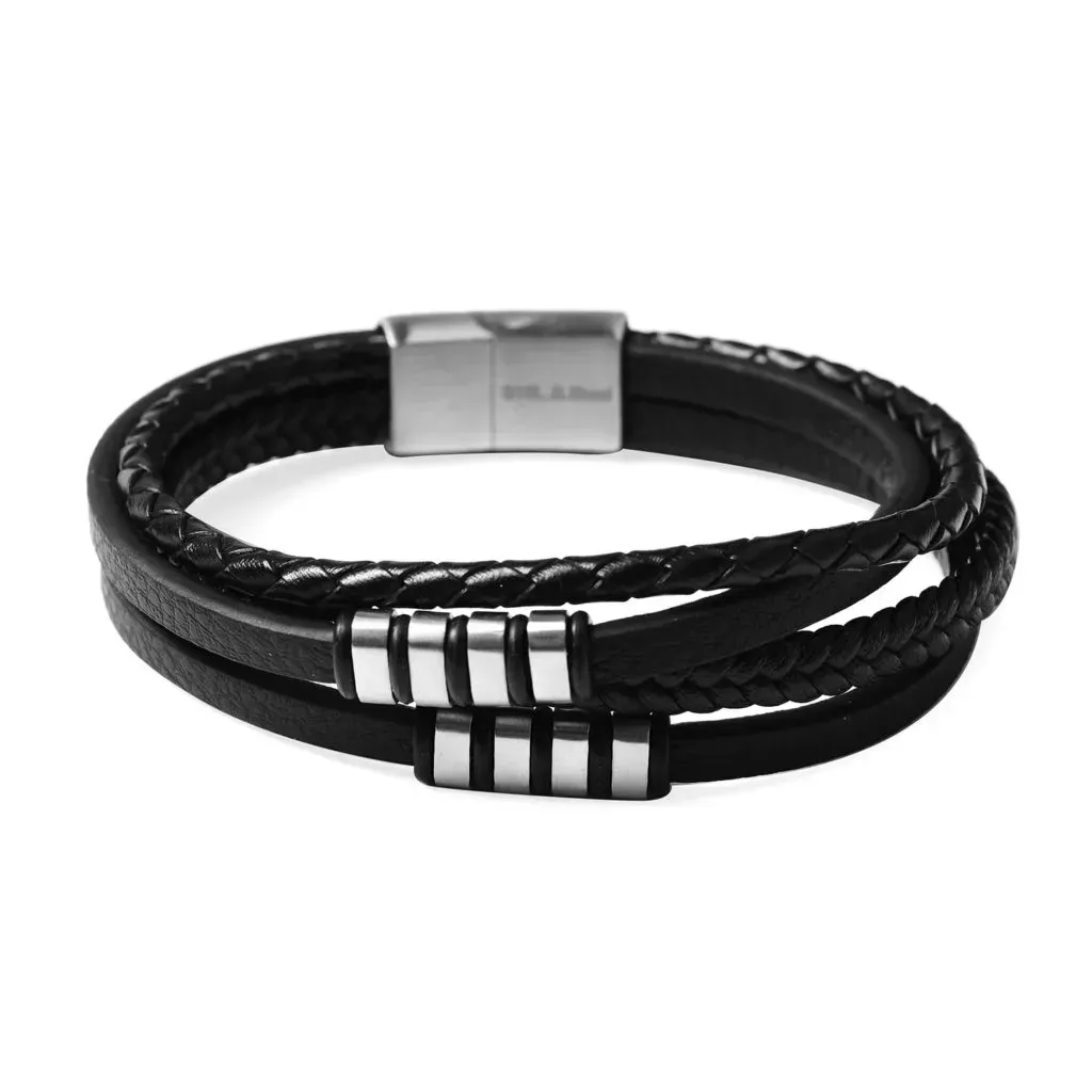 Woven black leather bracelet with steel accents. 