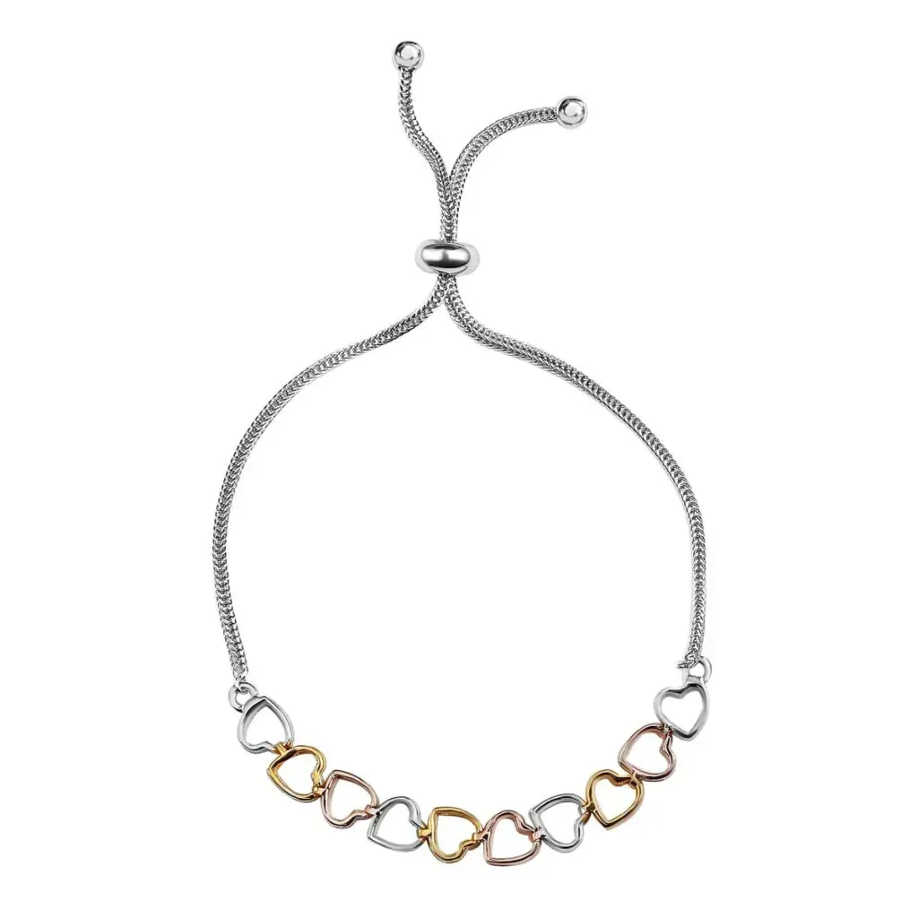 14K YRG and Platinum Over Sterling Silver & Stainless Steel Linked Hearts Bolo Bracelet (Adjustable)