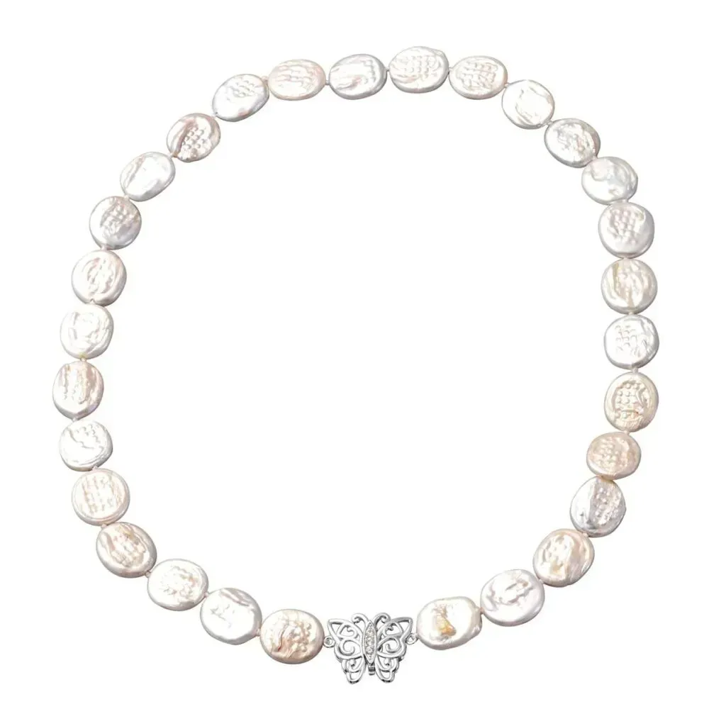 Freshwater Pearl Necklace|Cultured Coin Pearl Necklace With Rhodium Plating on Sterling Silver|Butterfly Necklace For Women| Dainty Pearl Jewelry 20 Inches