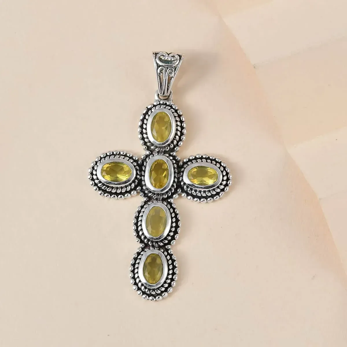 Artisan Crafted Tanzanian Canary Opal Cross Pendant in Sterling Silver