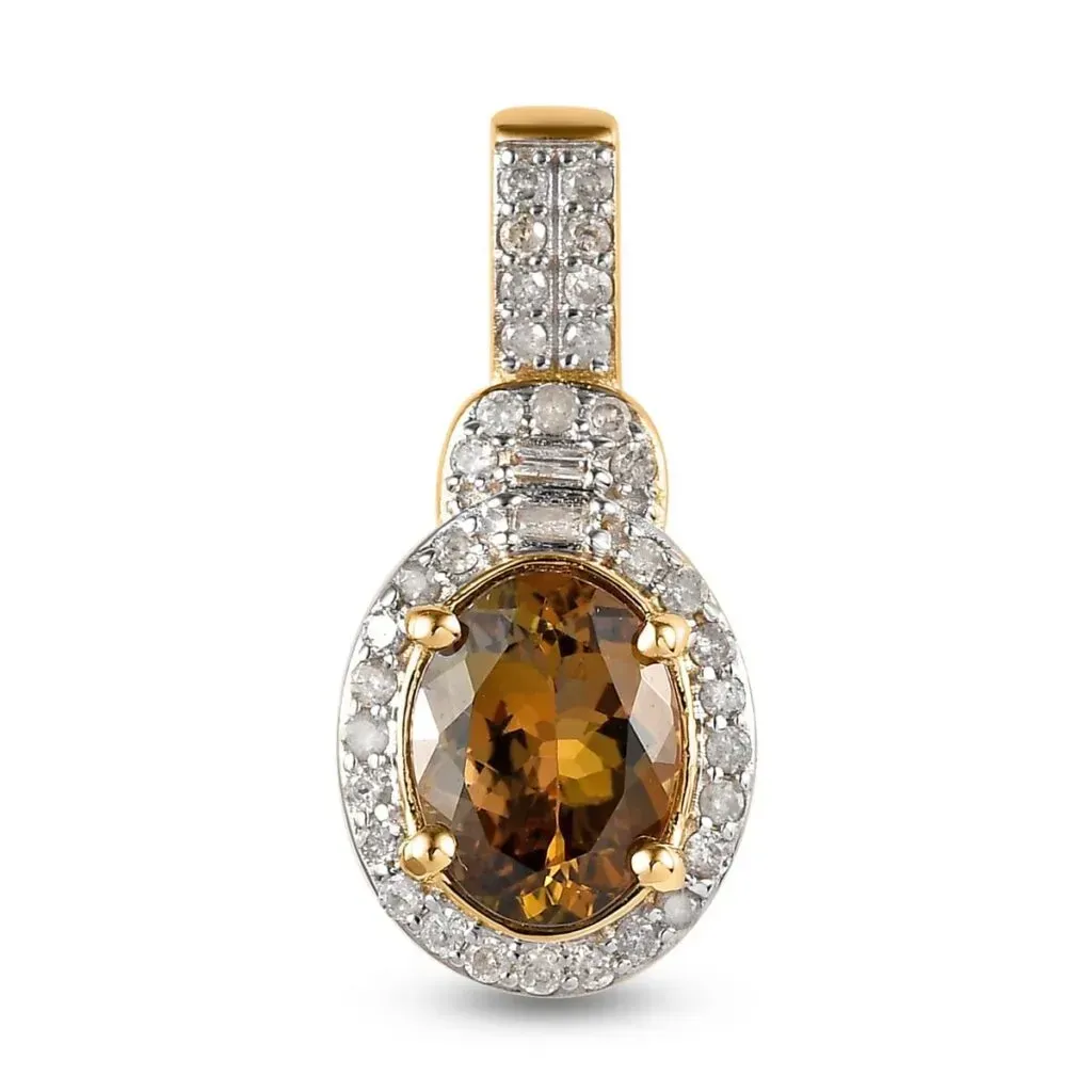 Luxoro 14K Yellow Gold Premium Golden Tanzanite and G-H I3 Diamond Halo Pendant 2.25 ctw