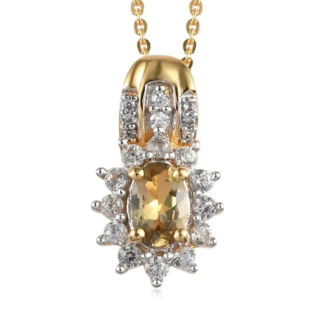 Natural Golden Tanzanite and Natural White Zircon Sunburst Pendant Necklace 20 Inches in Vermeil Yellow Gold Over Sterling Silver 0.90 ctw