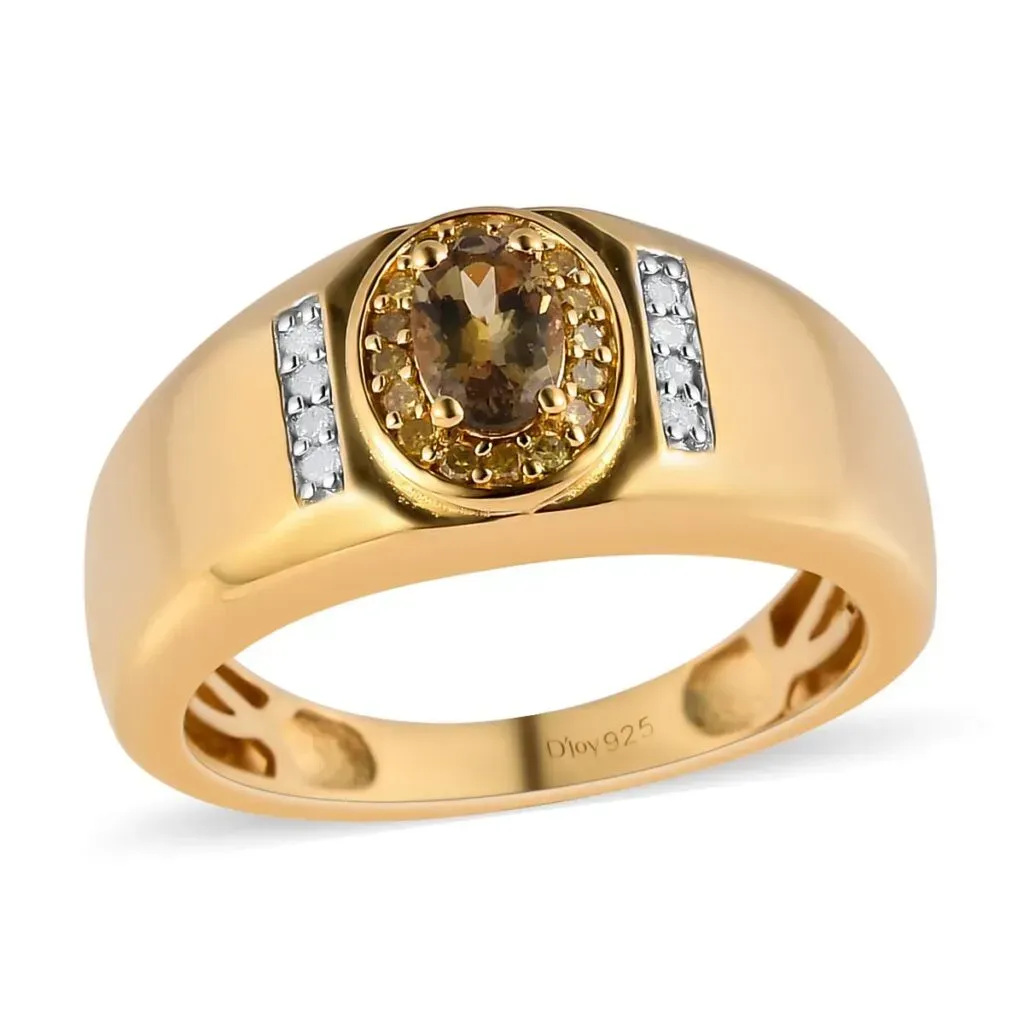Premium Golden Tanzanite, Yellow Diamond and Diamond Men's Ring in Vermeil Yellow Gold Over Sterling Silver 0.65 ctw
