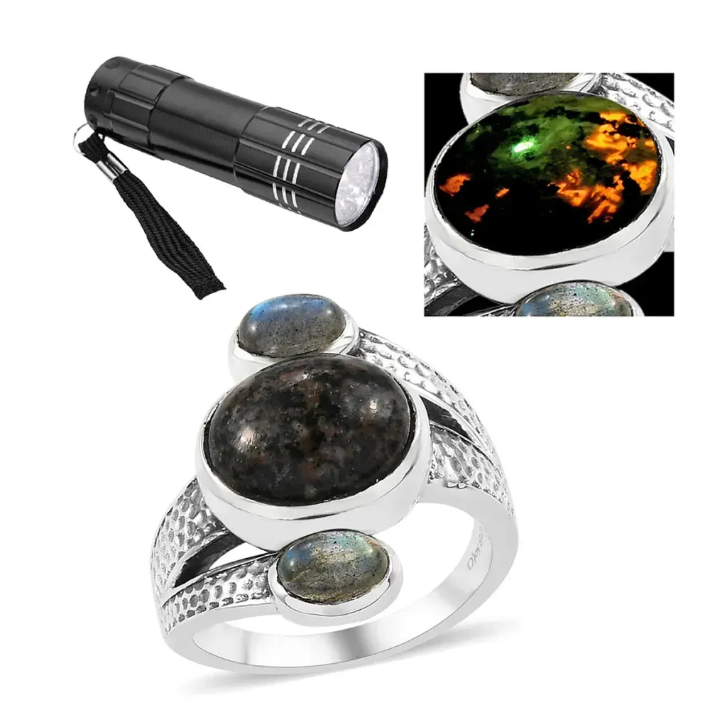 Artisan Crafted Natural Yooperlite and Malagasy Labradorite 3 Stone Ring in Sterling Silver 6.25 ctw with Free UV Torch