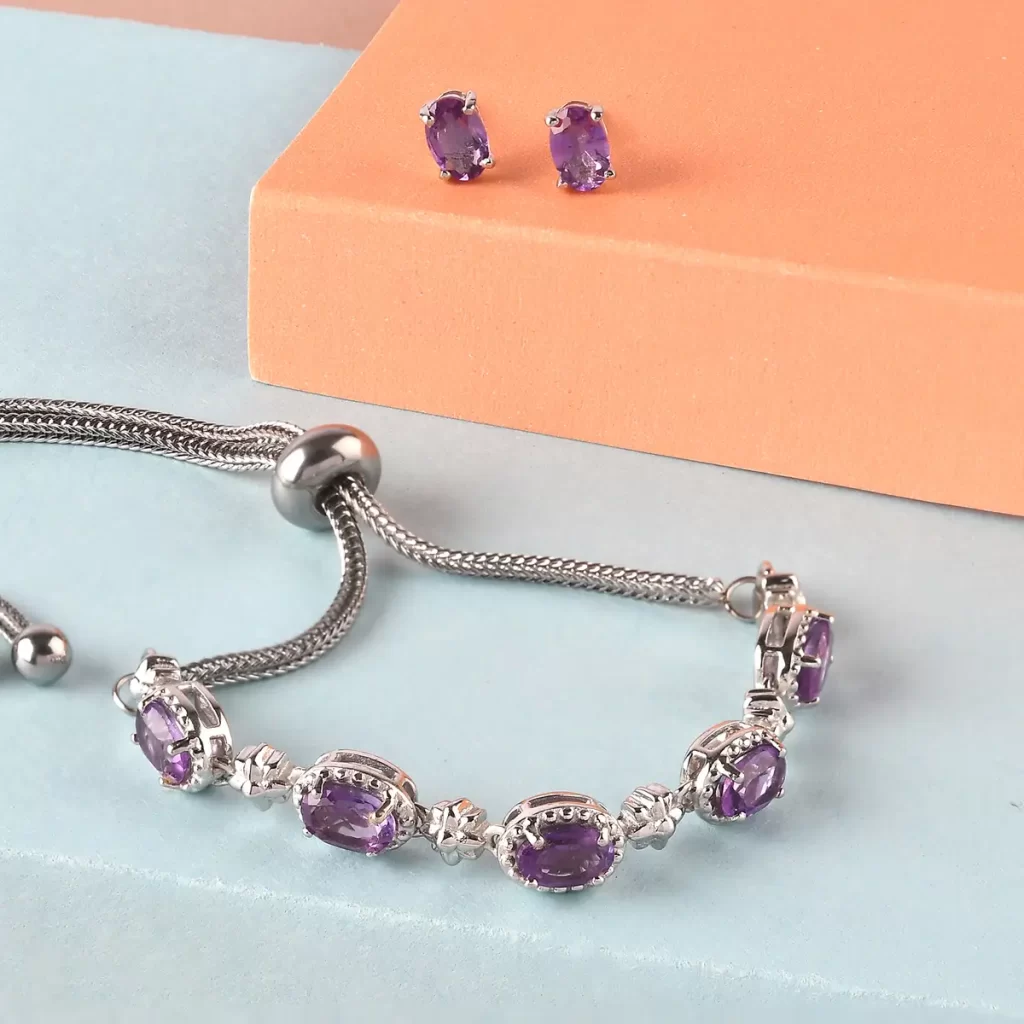 Karis Amethyst Stud Earrings and Bolo Bracelet in Platinum Bond and Stainless Steel