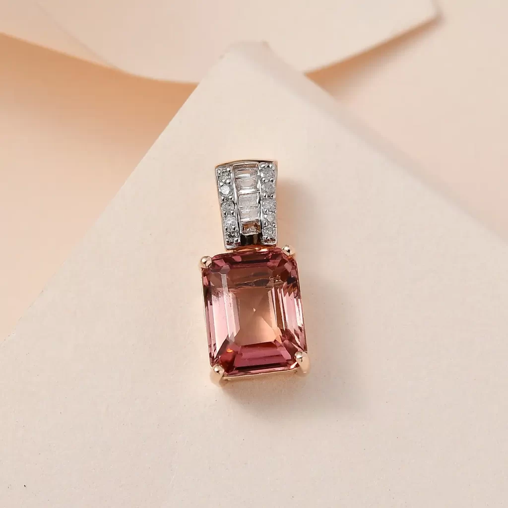 Luxoro 10K Rose Gold Premium Blush Tourmaline and Diamond Pendant