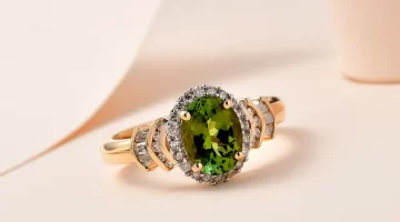 Luxoro 14K Yellow Gold AAA Natural Calabar Green Tourmaline and G-H I3 Diamond Halo Ring