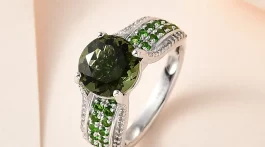 Premium Bohemian Moldavite and Multi Gemstone Bridge Ring in Platinum Over Sterling Silver