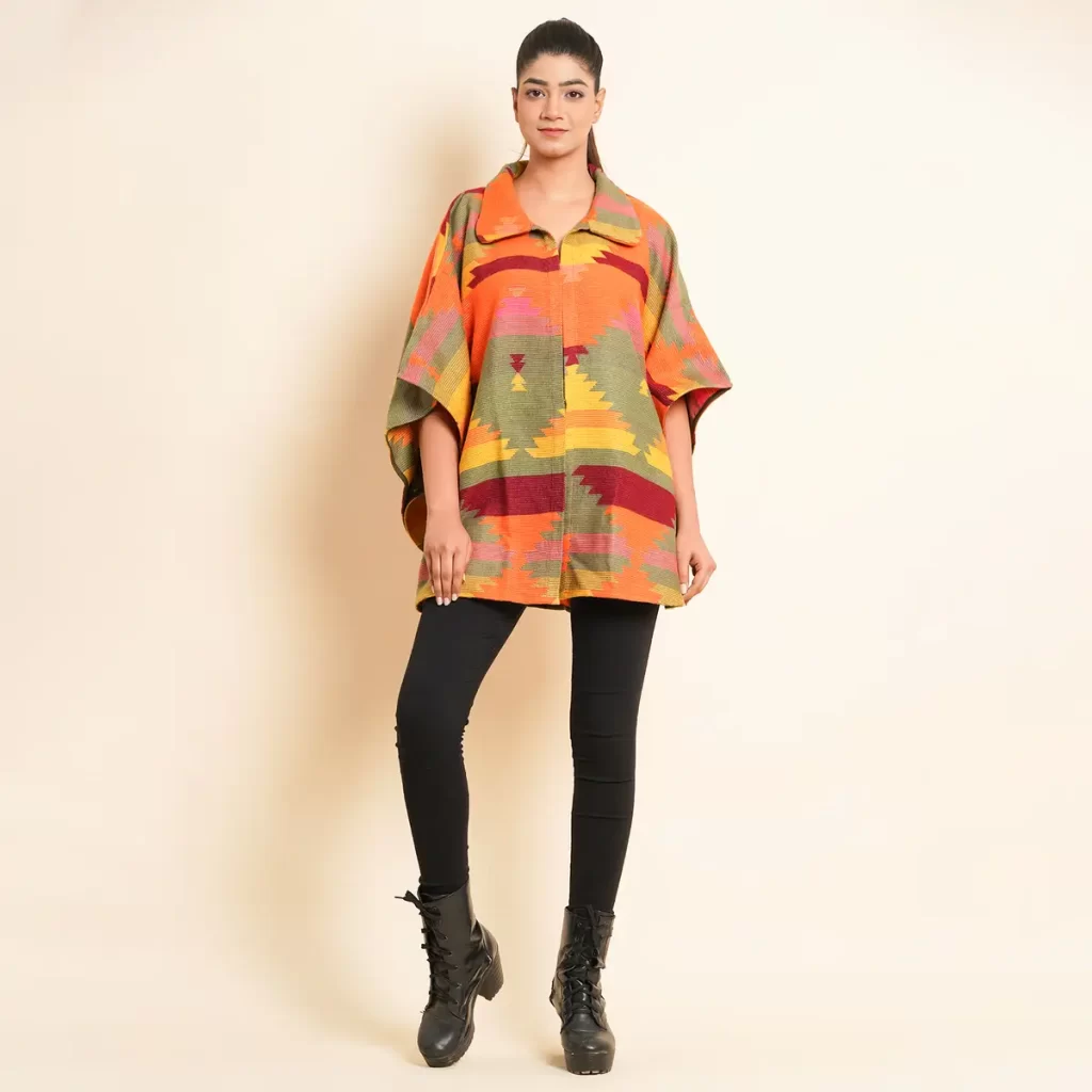 Tamsy Orange and Olive Jacquard Jacket - One Size Missy