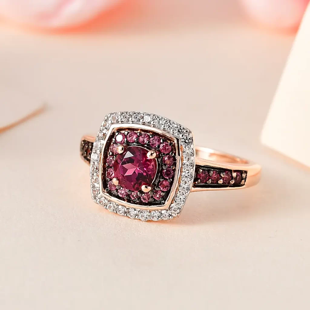 Tanzanian Rhodolite Garnet and White Zircon Double Halo Ring