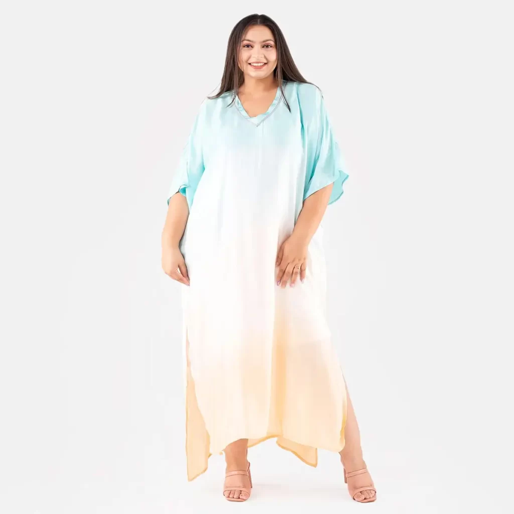 Tamsy Sky Blue Bemberg Silk Ombre Dye V-Neck with Lace Long Kaftan