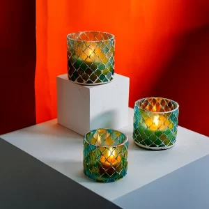 Candle Holders for Table Mosaic Pattern Blue and Green Tea Light Glass Moroccan Decor Gifts Party Dining Room