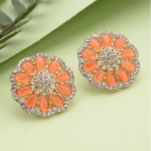 Simulated Orange Cat's Eye and Austrian Crystal Floral Stud Earrings 