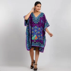 Clothes clearance Tamsy Purple Peacock Screen Printed Mid Short Kaftan