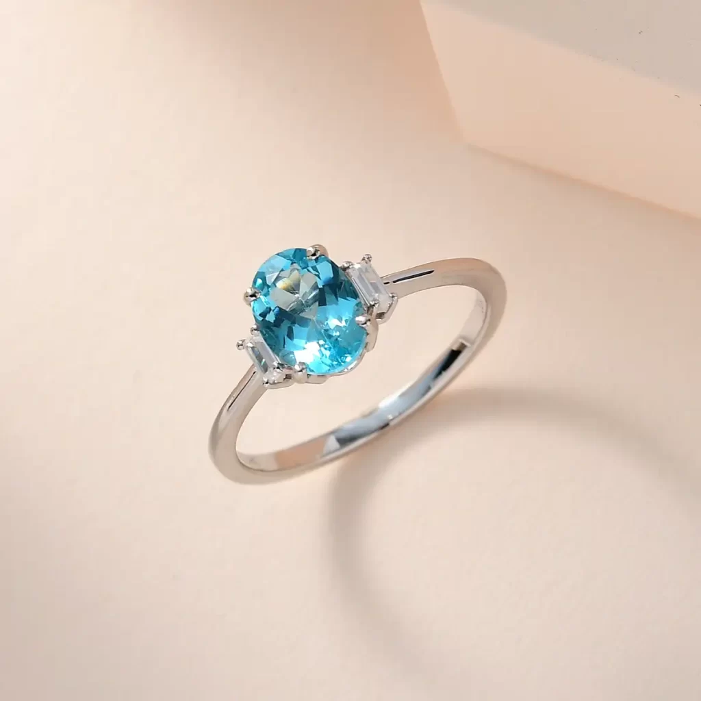 Luxoro 10K White Gold Premium Madagascar Paraiba Apatite and Moissanite Ring