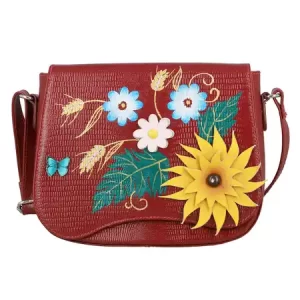 Sukriti Wine Red Floral Pattern Genuine Leather Applique Crossbody Bag with Adjustable Shoulder Handle Strap