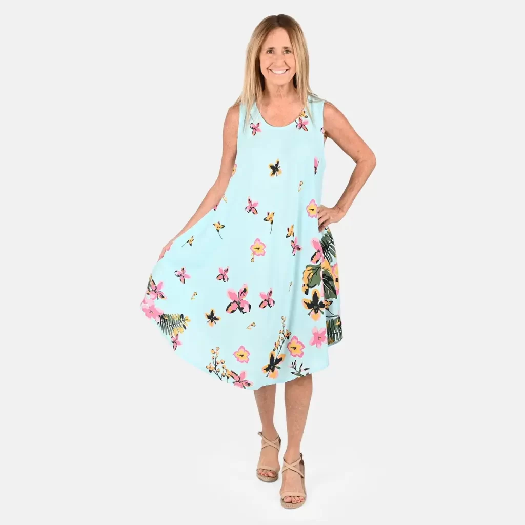 Tamsy Sky Blue Floral Screen Printed Umbrella Dress