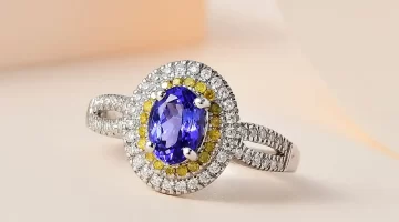 AAA Tanzanite, Moissanite and Yellow Diamond Double Halo Ring