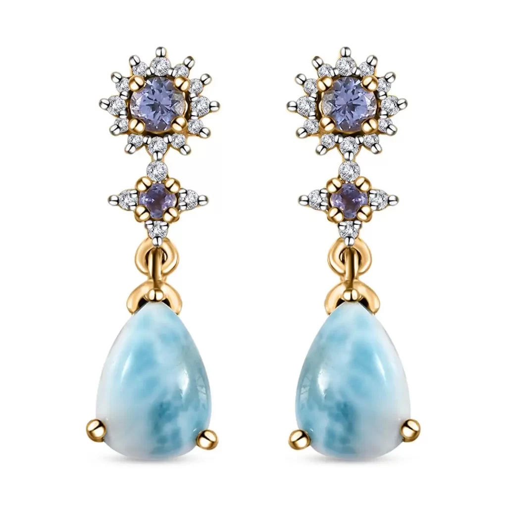 Larimar and Multi Gemstone Drop Earrings in Yellow Gold