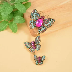 Multi Color Austrian Crystal Butterfly Brooch in Goldtone