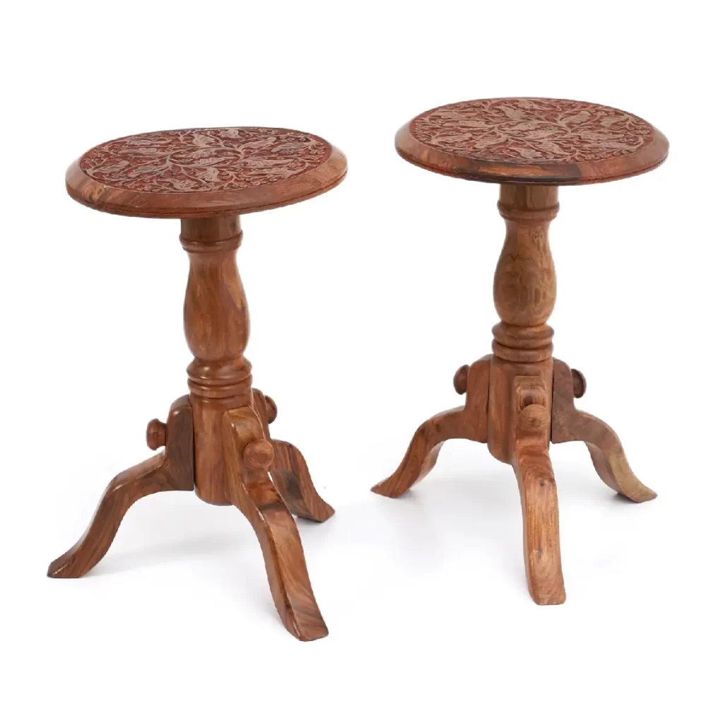 Garden tables Nakkashi Set of 2 Dark Red & Brown Wooden Handcarved Bedside Pillar Table