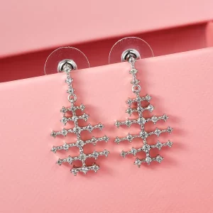 White Zircon Fish Bone Earrings in Platinum Over Sterling Silver