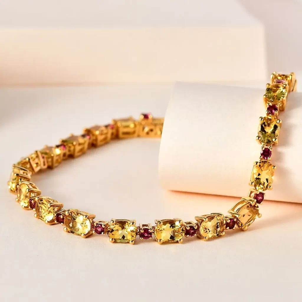 Premium Brazilian Heliodor and Ouro Fino Rubellite Bracelet in Vermeil Yellow Gold Over Sterling Silver