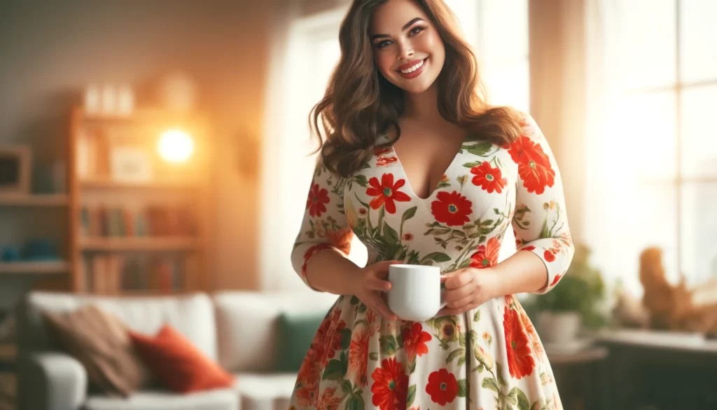 Casual mother's day outfits a cheerful woman with a beaming smile wearing a knee-length floral dress