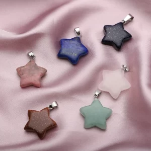 Set of 6 Lapis Lazuli, Green Aventurine, Rhodochrosite, Blue Sandstone, Rose Quartz and Gold Sandstone Star Shape Pendant in Silvertone 72.00 ctw
