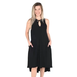 Mature blonde woman posing in Rachel Roy Black Maxi Dress - Medium.