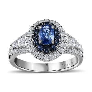 Ceylon Blue Sapphire and Moissanite Cocktail Ring in Platinum Over Sterling Silver 1.60 ctw
