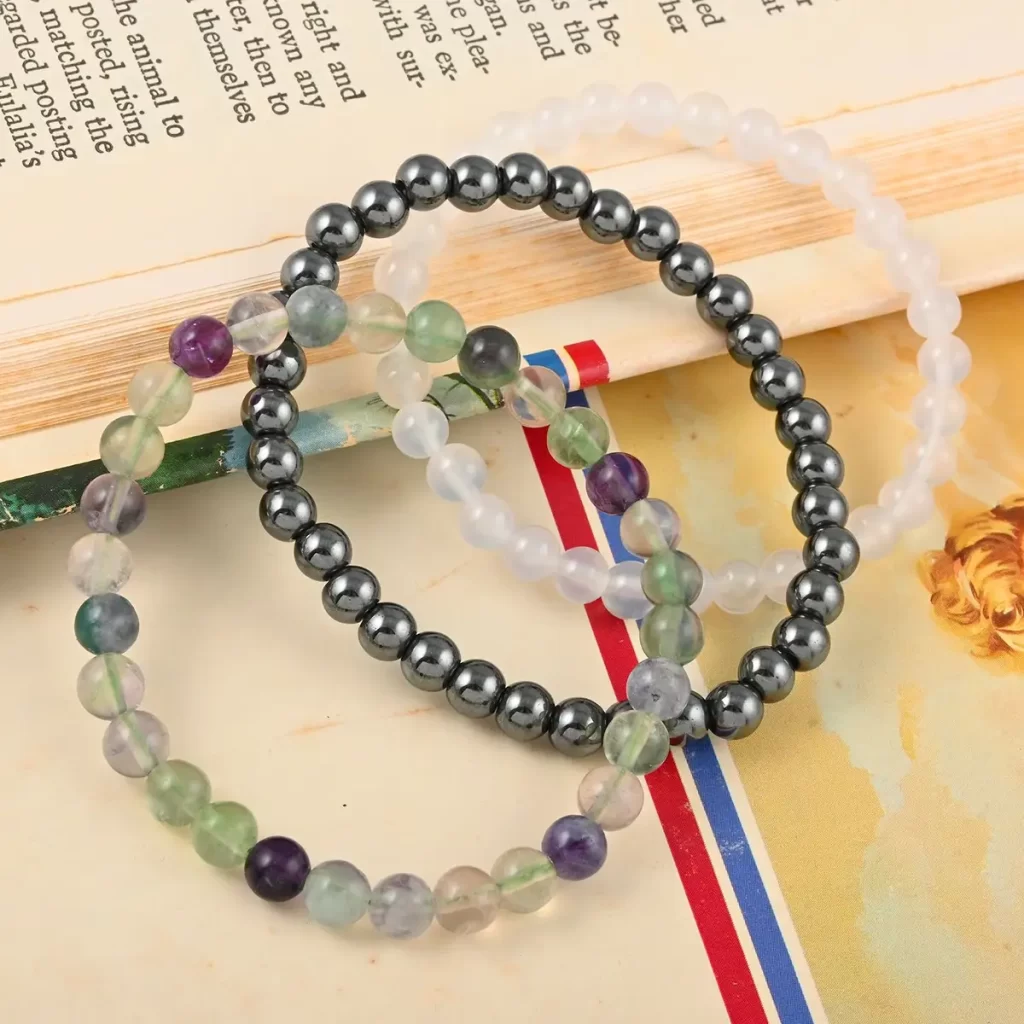 Gemini healing stone White Agate Hematite Fluorite Beaded Stretch Bracelet