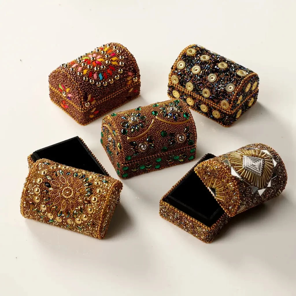 Handcrafted Set of 5 Golden, Multi Color Beaded Mini Chests