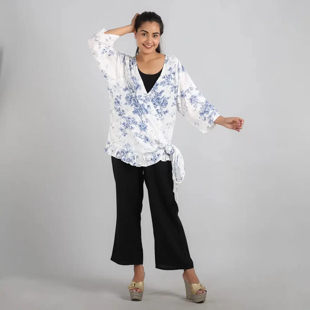 JOVIE Blue Floral Cotton Gauze Wrap Blouse with Frill Trim