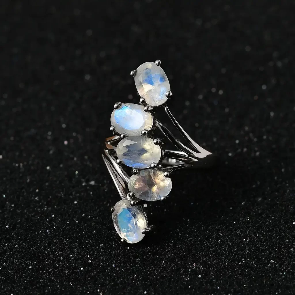 Premium Rainbow Moonstone 5 Stone Ring