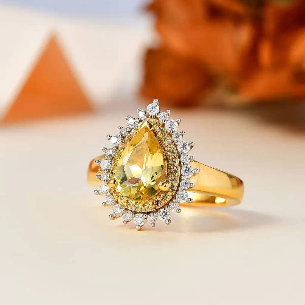 Yellow gemstone meaning Sunfire Beryl and Multi Gemstone Double Halo Ring